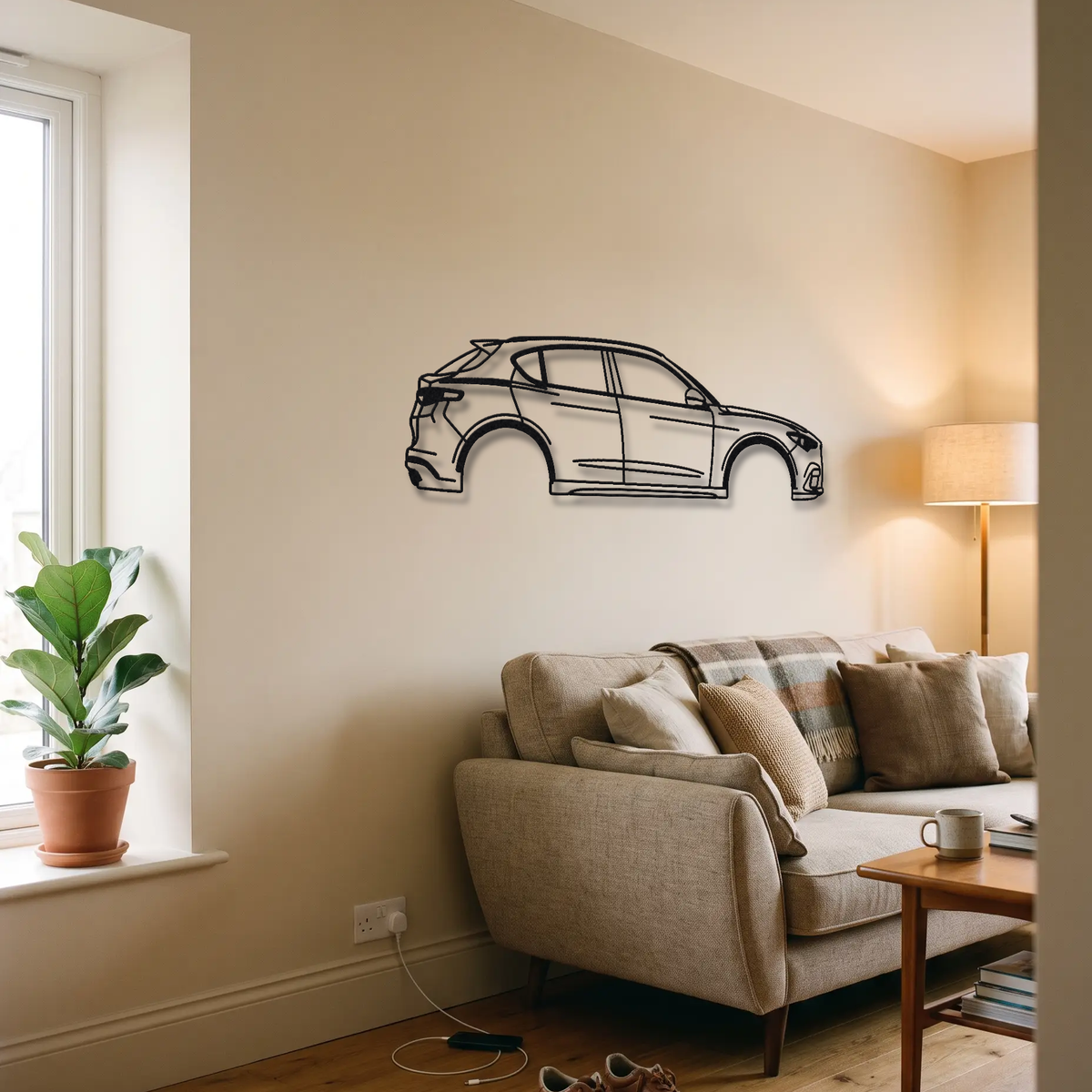 2018- Alfa Romeo Stelvio Quadrifoglio 949 metal wall art above a sofa in a living room
