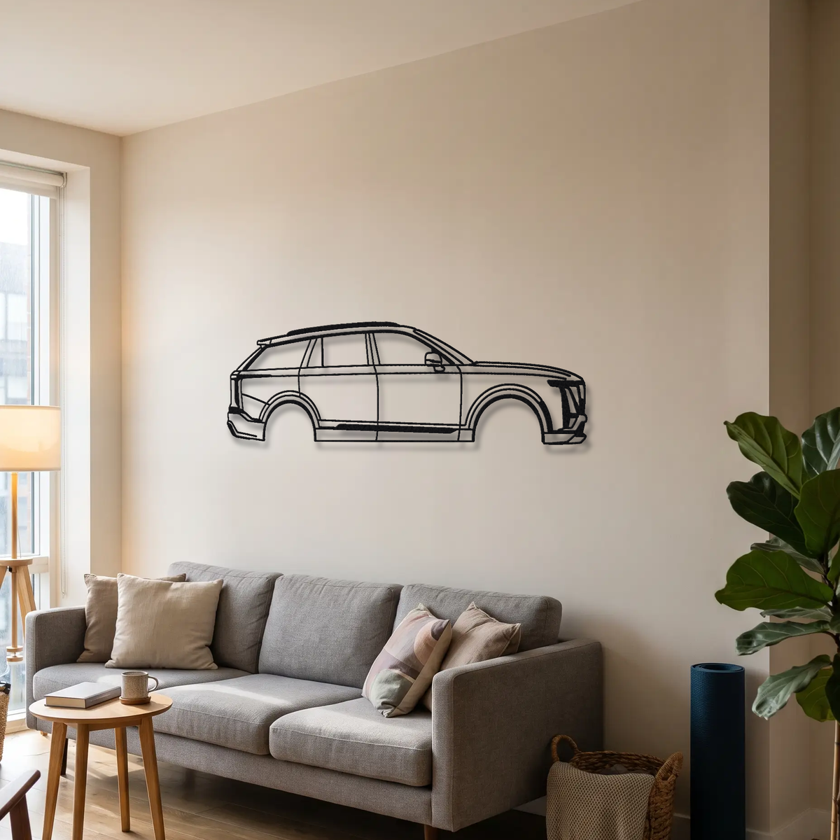 2026- Cadillac Lyriq-V metal wall art above a sofa in a living room
