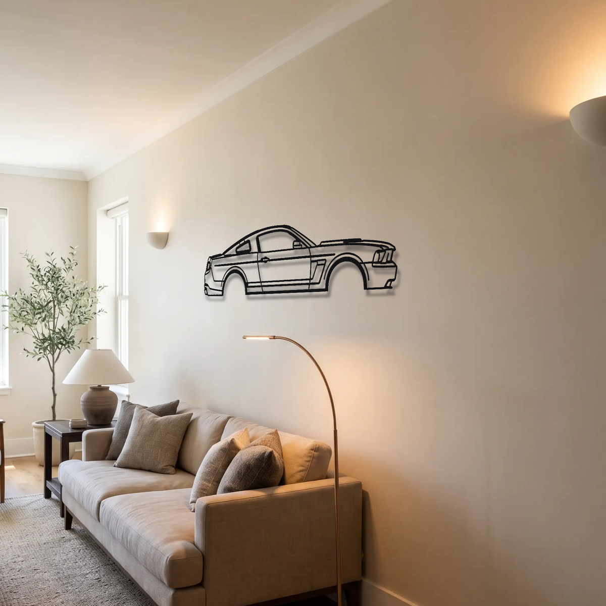 2012-13 Ford Mustang Boss 302 Laguna Seca S197 metal wall art above a sofa in a living room