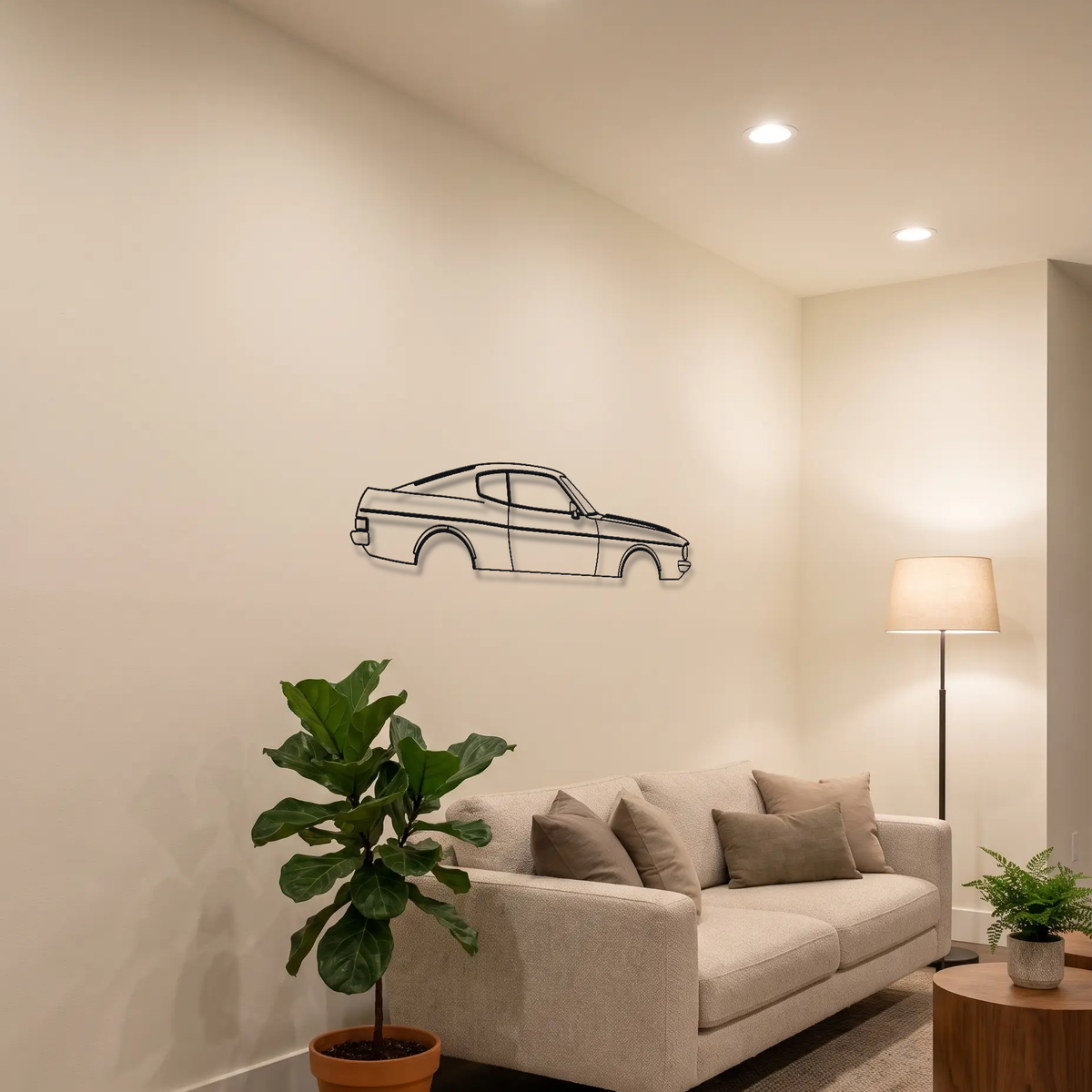Toyota Celica GT Gen 1 metal wall art above a sofa in a living room