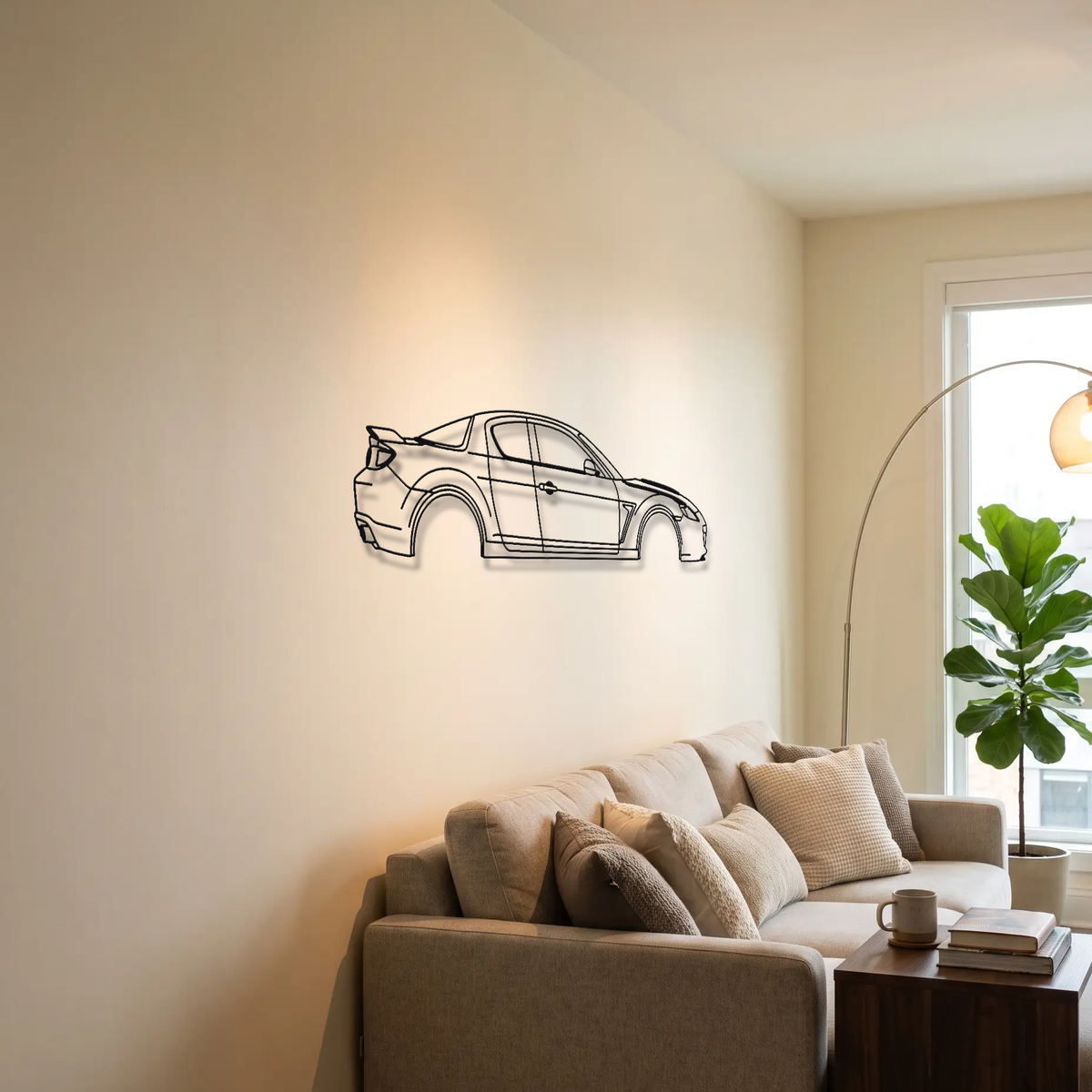 Mazda RX-8 Spirit R metal wall art above a sofa in a living room