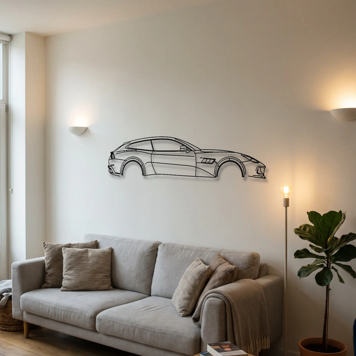 Ferrari GTC4Lusso metal wall art above a sofa in a living room