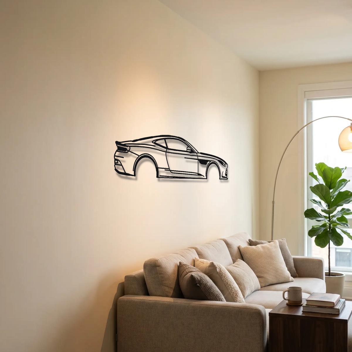 2025- Aston Martin DB12 S metal wall art above a sofa in a living room