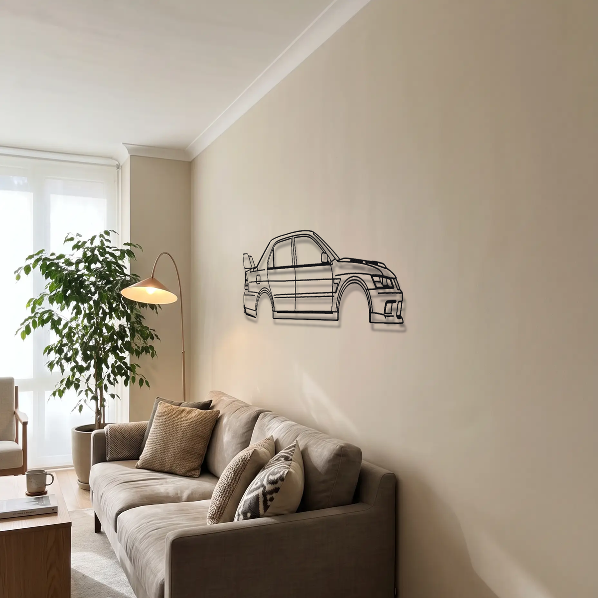 Mitsubishi Lancer Evolution IX CT9A metal wall art above a sofa in a living room