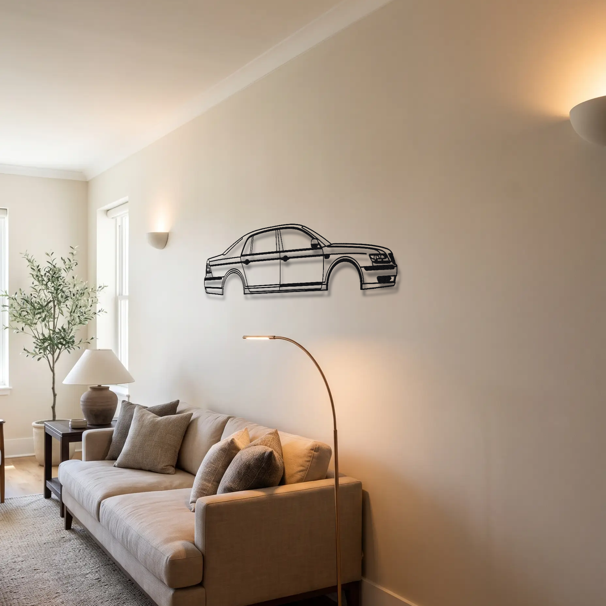 Volkswagen Phaeton W12 metal wall art above a sofa in a living room