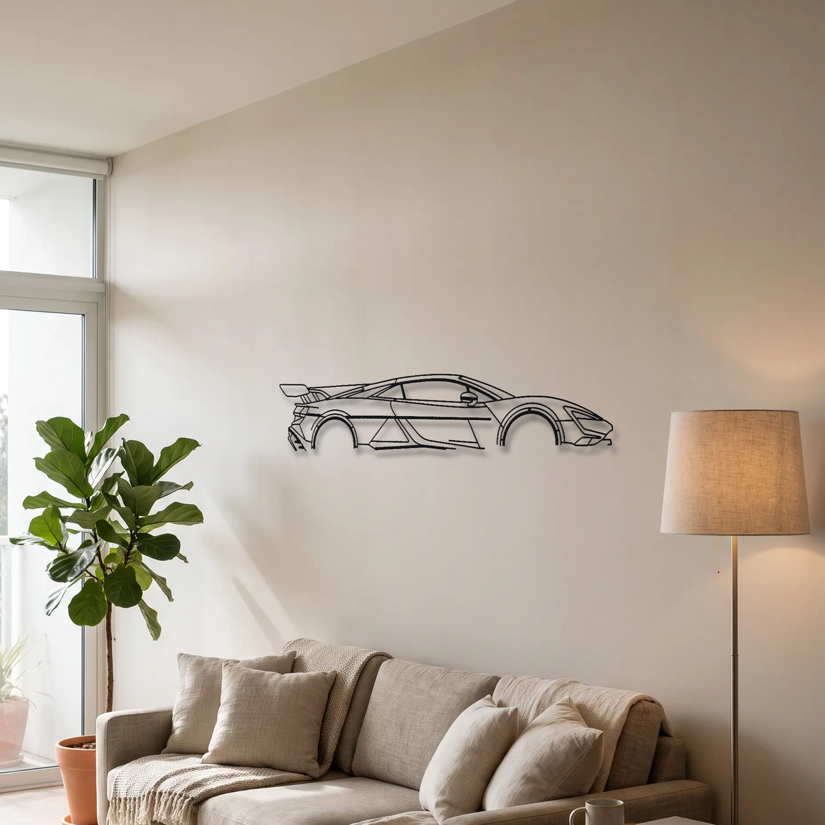 Yangwang U9 metal wall art above a sofa in a living room