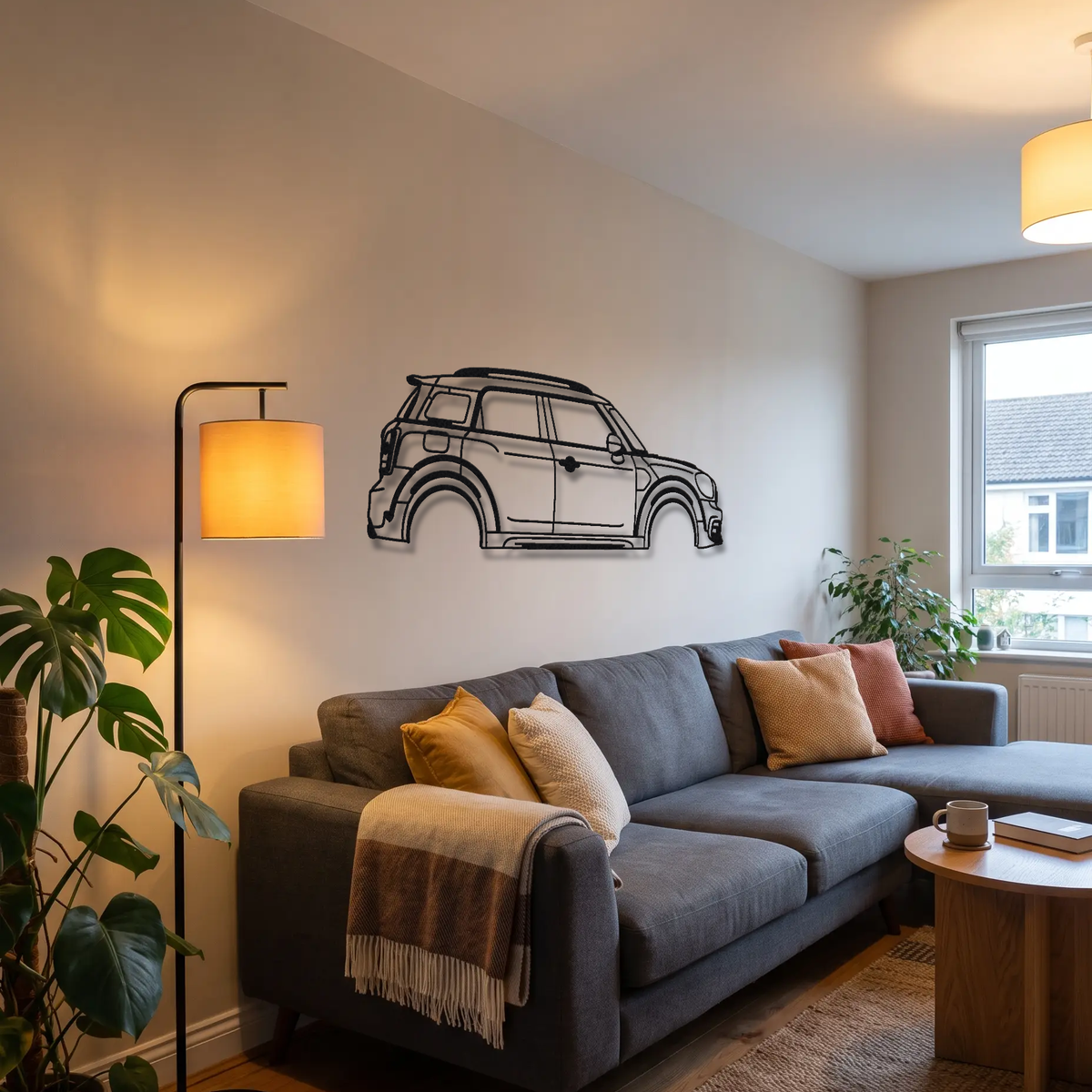 2017- Mini JCW Countryman F60/U25 metal wall art above a sofa in a living room