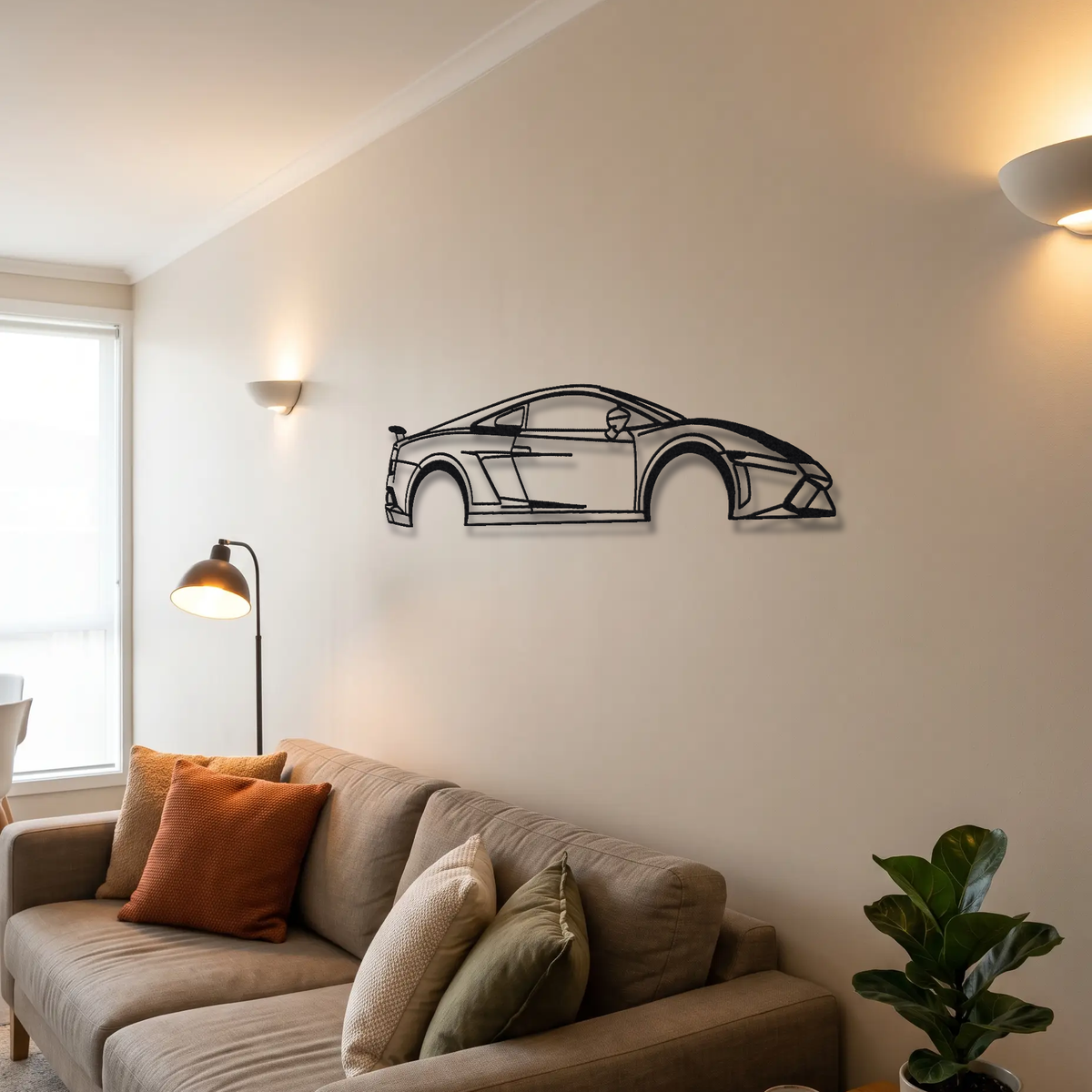2013-14 Lamborghini Gallardo Squadra Corse LP570-4 metal wall art above a sofa in a living room