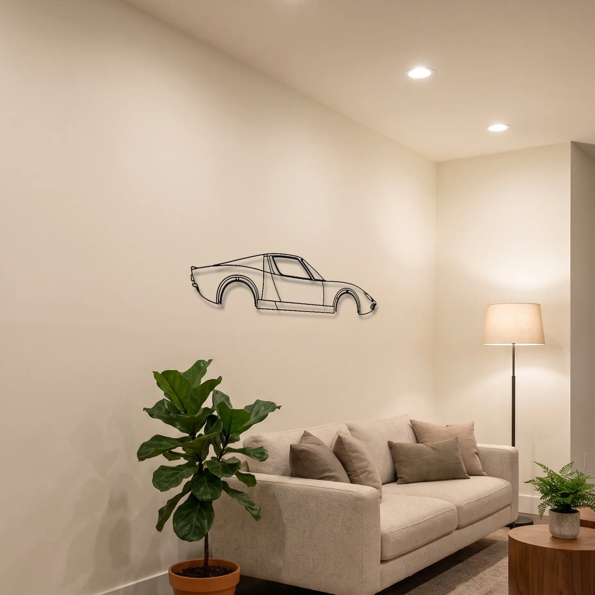 Lamborghini Miura P400/P400S metal wall art above a sofa in a living room