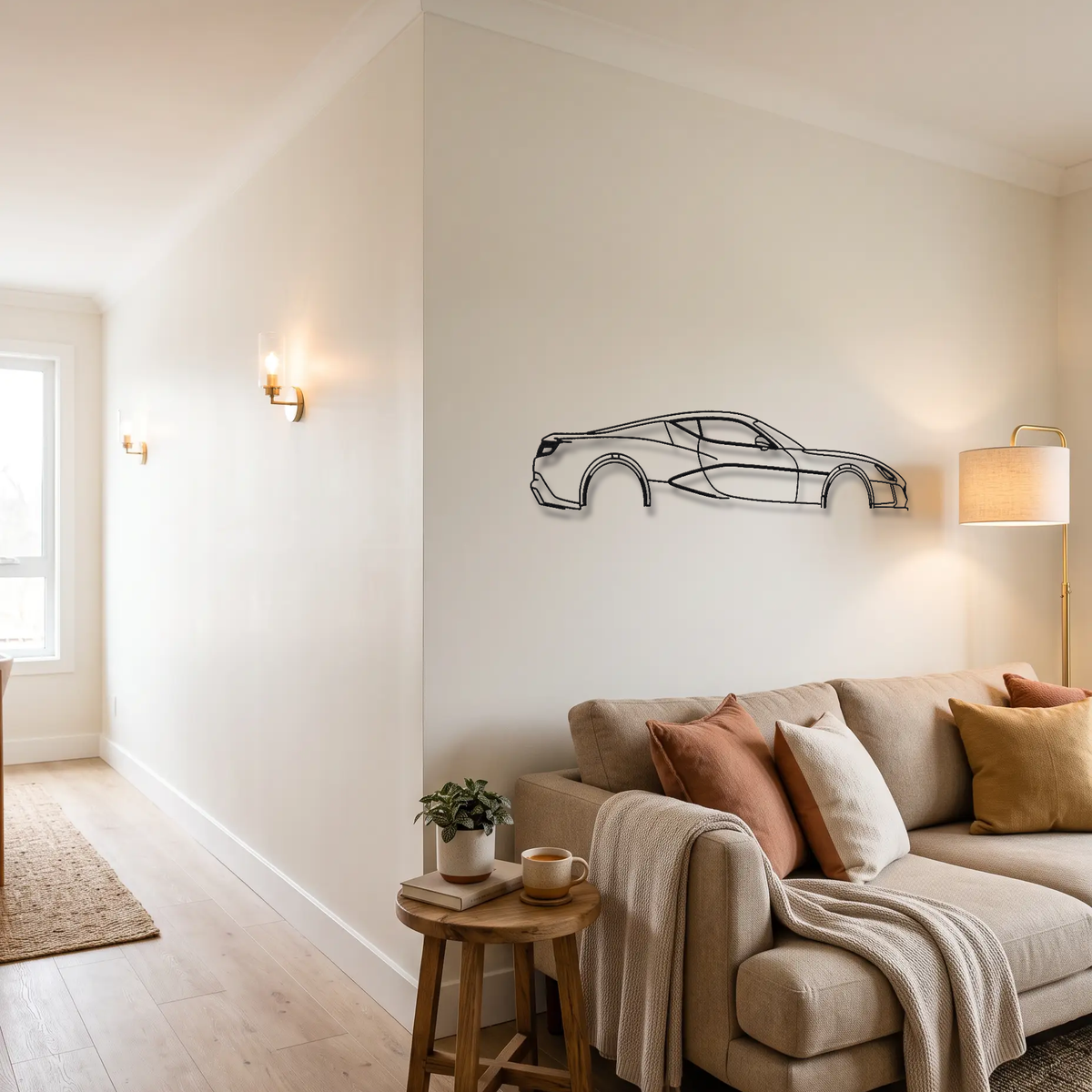 Rimac Concept One metal wall art above a sofa in a living room