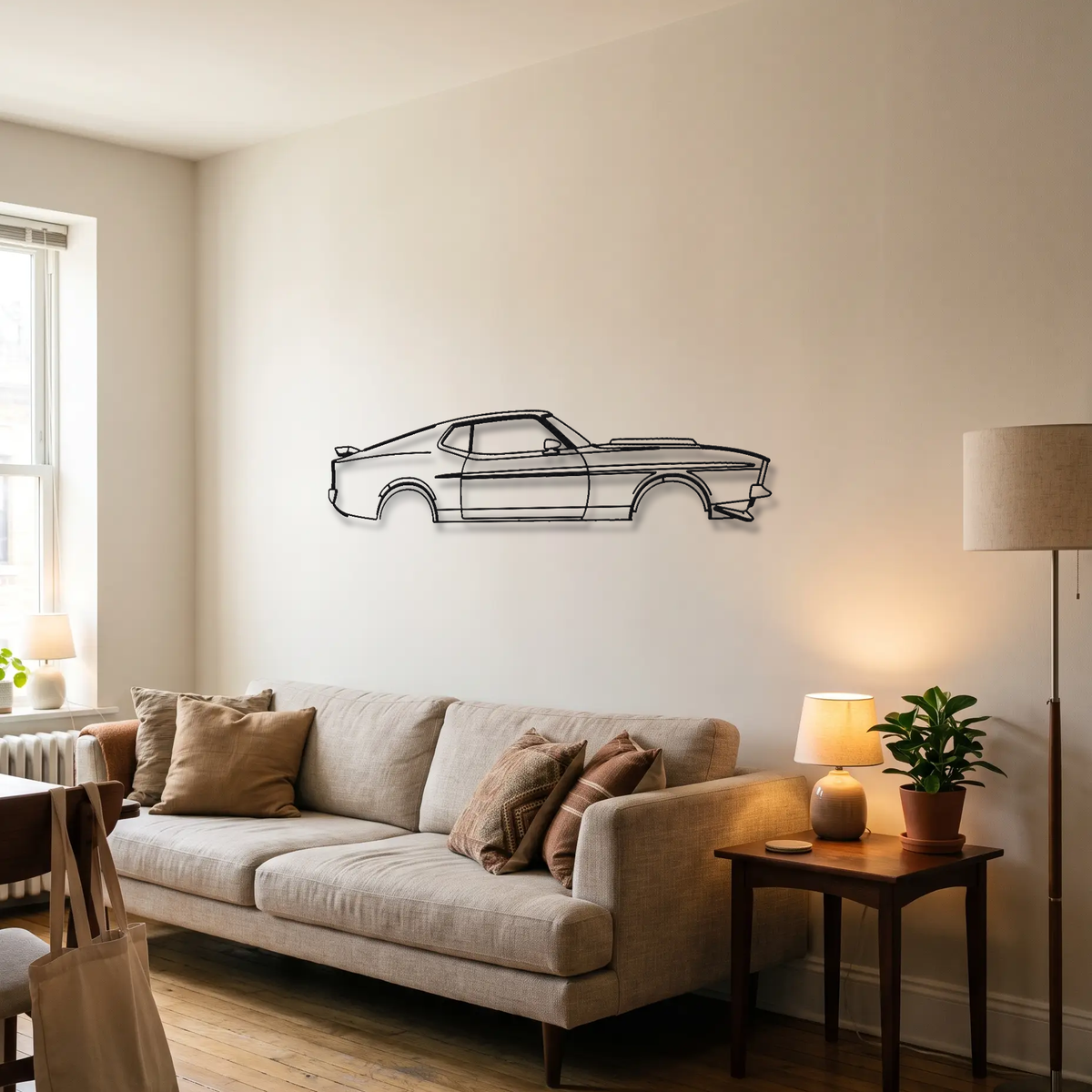 1971-1973 Ford Mustang Mach 1 metal wall art above a sofa in a living room