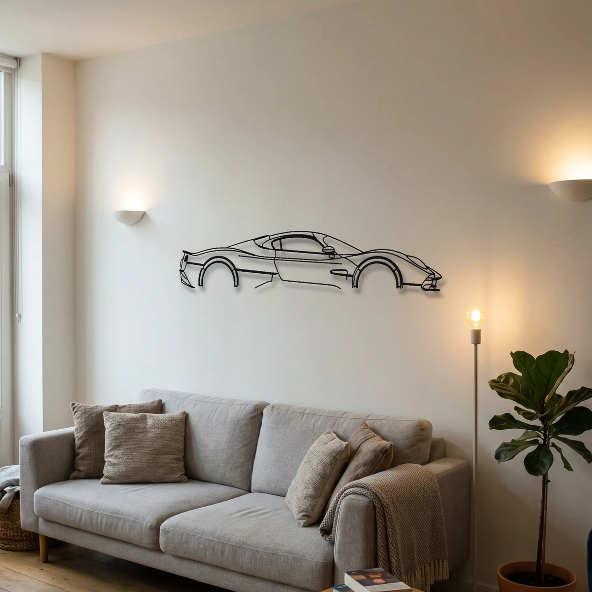 Pagani Utopia metal wall art above a sofa in a living room