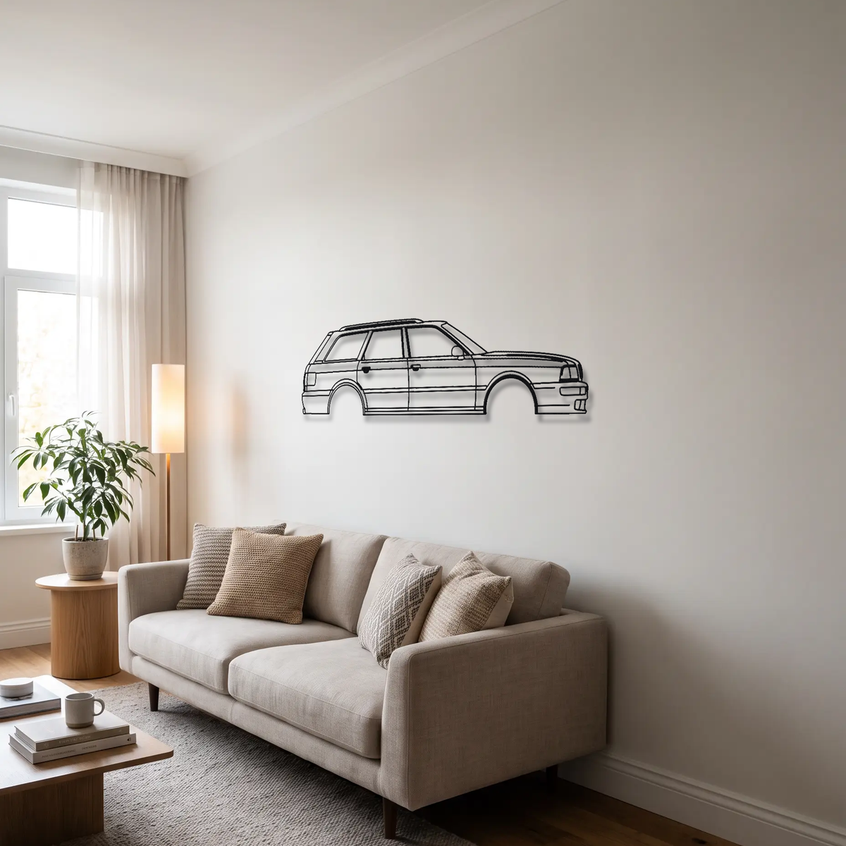 Audi RS2 Avant metal wall art above a sofa in a living room