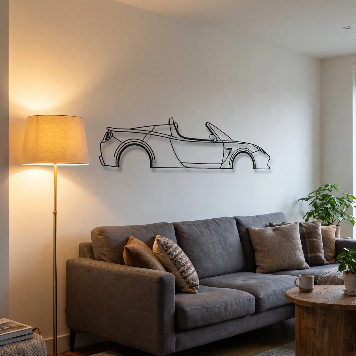 2008-2012 Tesla Roadster Gen 1 metal wall art above a sofa in a living room