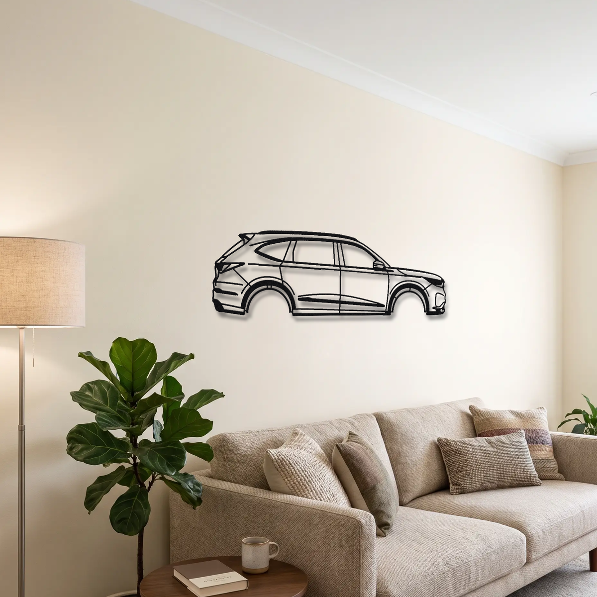 2022- Acura MDX Type S metal wall art above a sofa in a living room