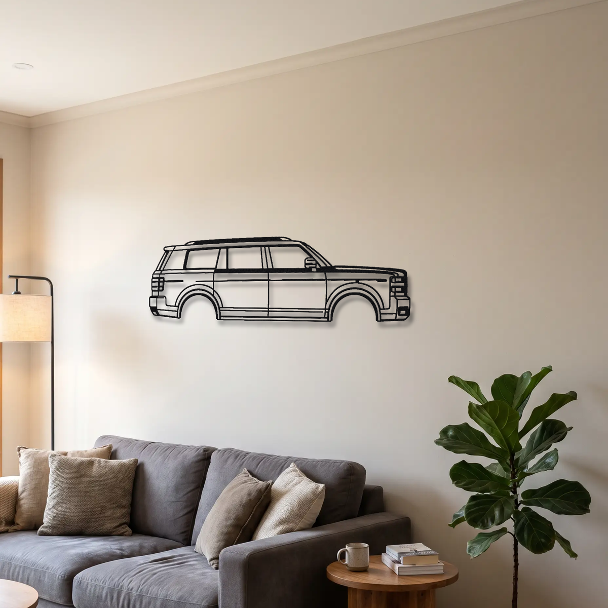 2023- Toyota Century SUV metal wall art above a sofa in a living room