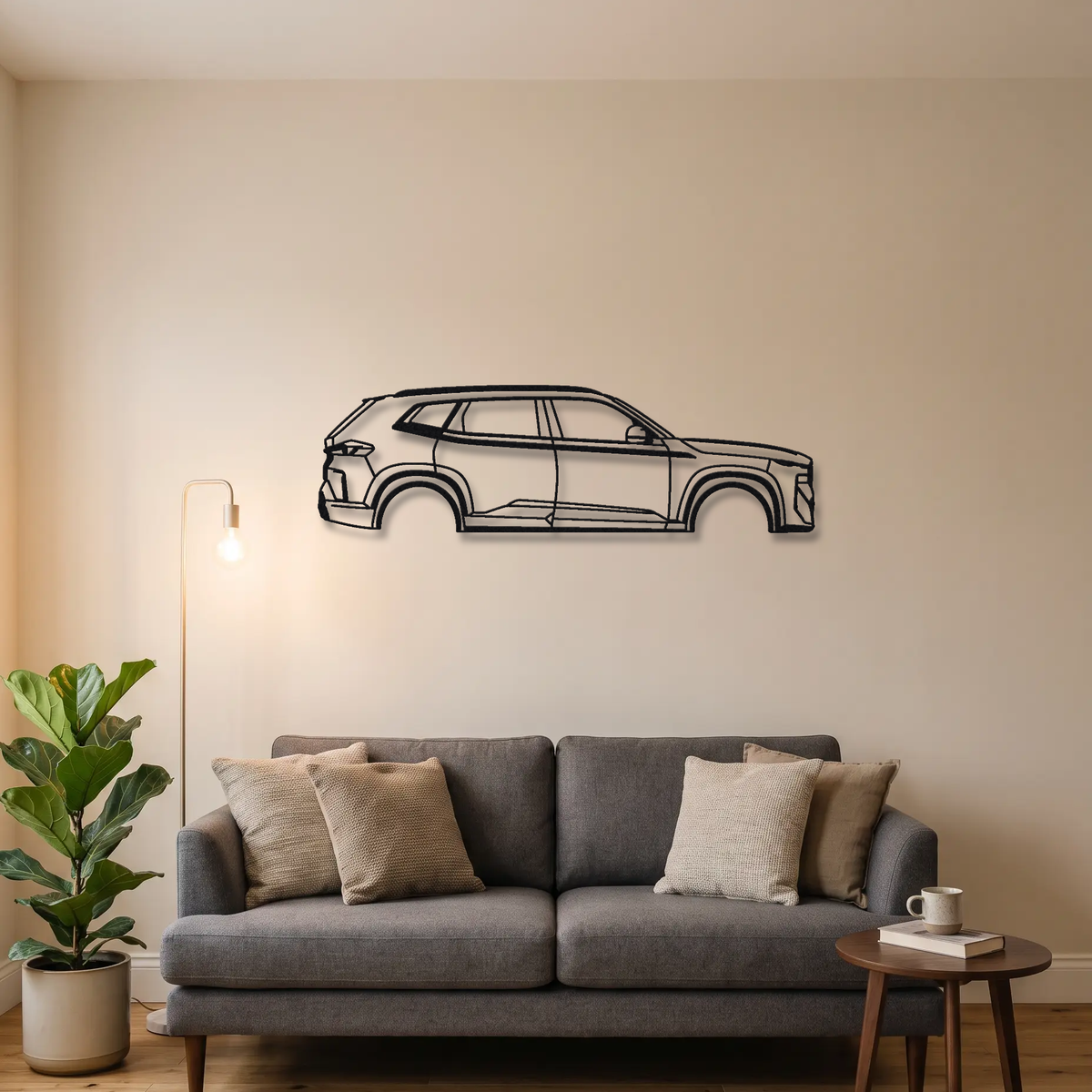 2024- BMW XM Label Red G09 metal wall art above a sofa in a living room