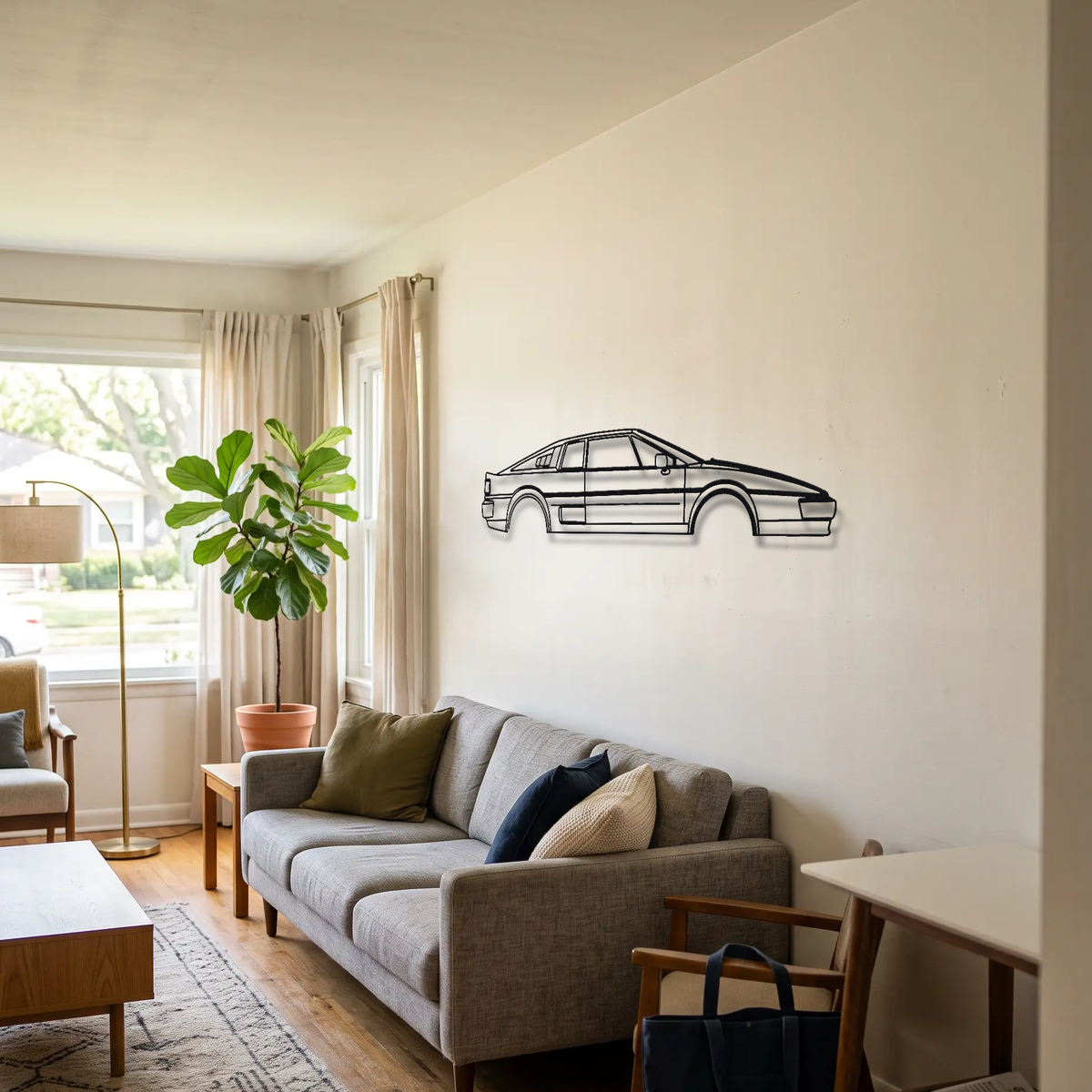 Lotus Esprit X180 metal wall art above a sofa in a living room