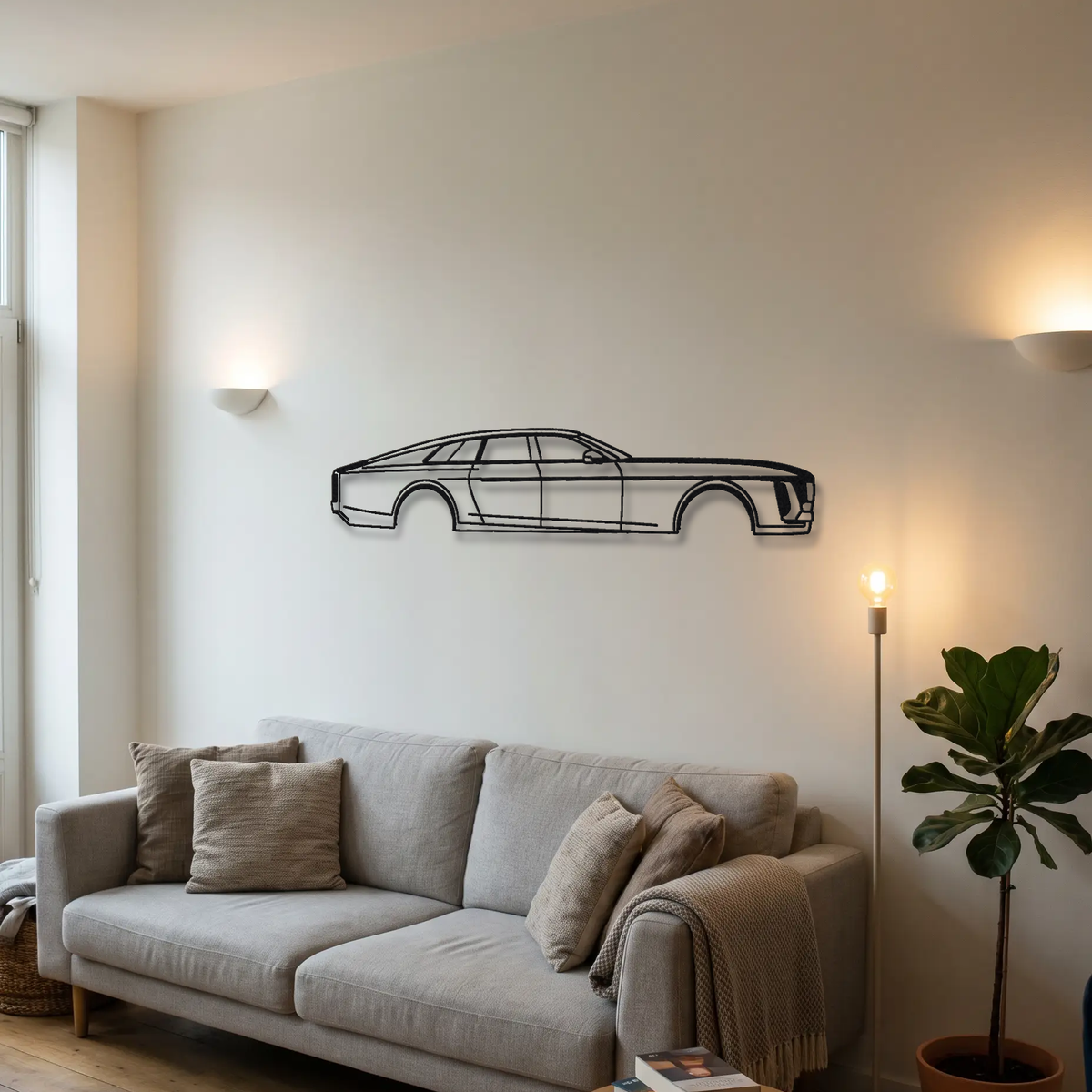2024- Cadillac Celestiq metal wall art above a sofa in a living room