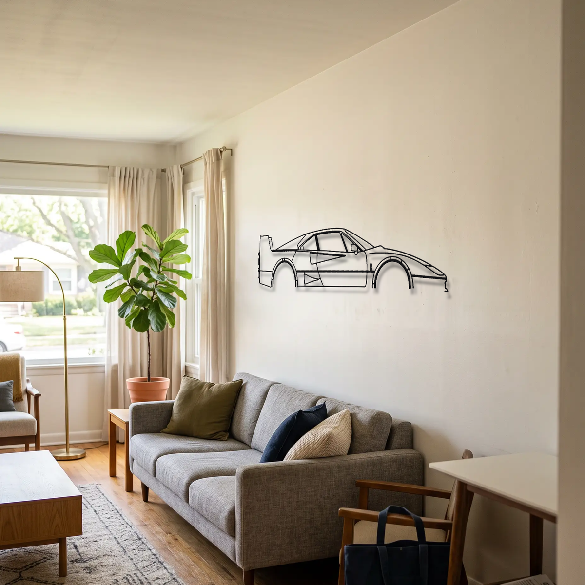Ferrari F40 metal wall art above a sofa in a living room