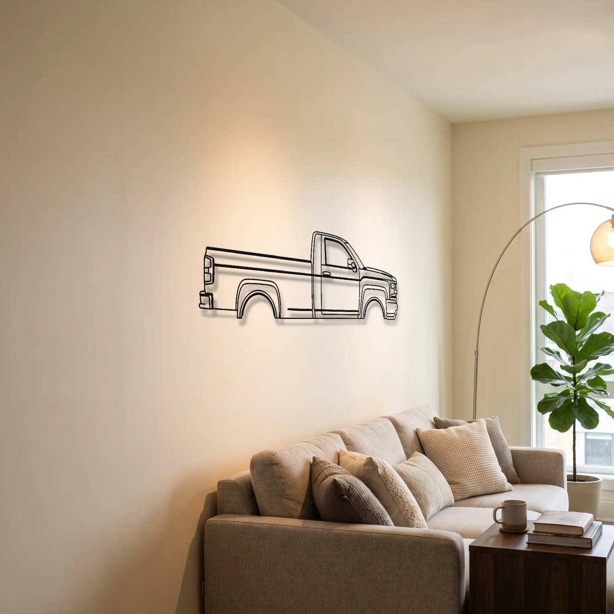 Chevrolet Silverado K2XX metal wall art above a sofa in a living room