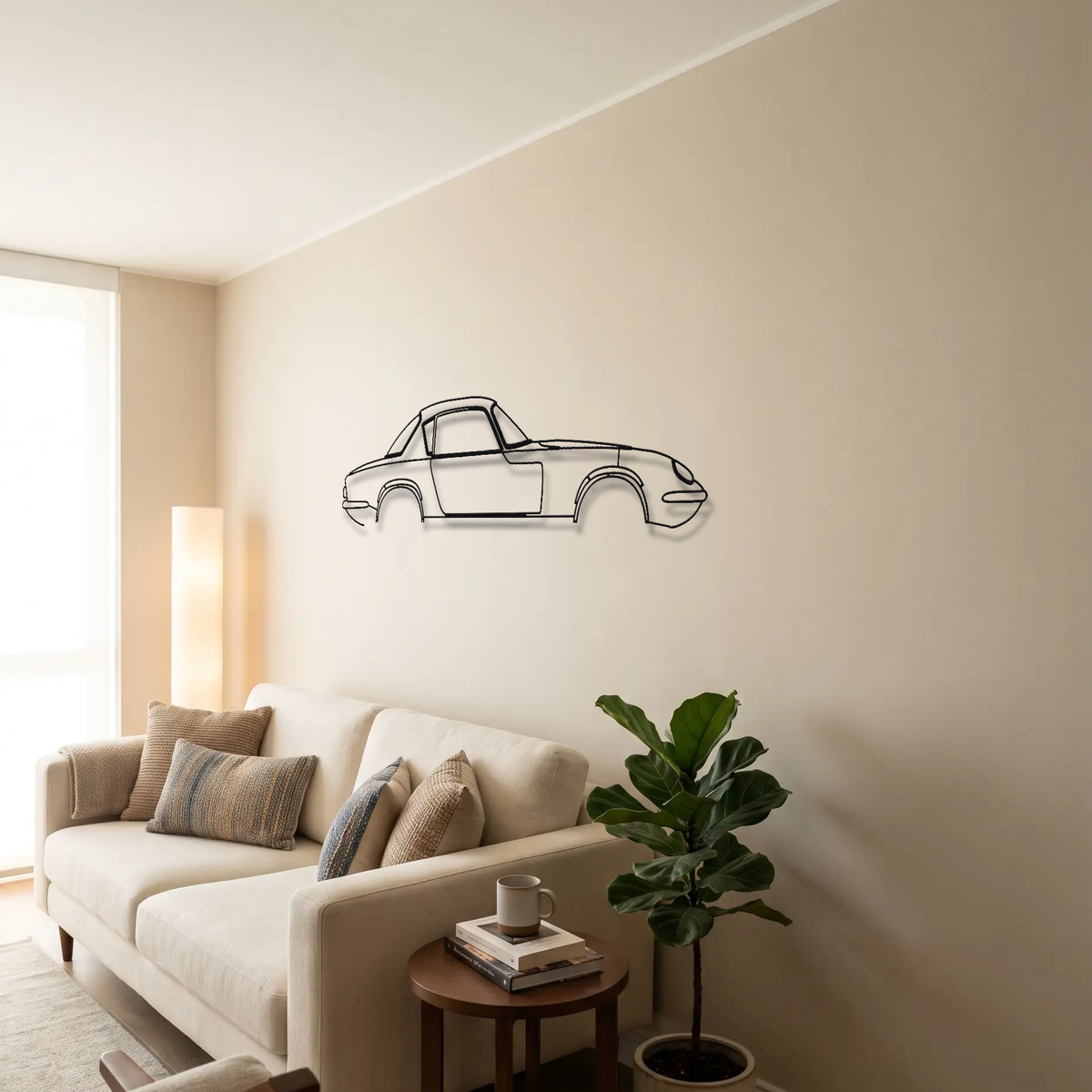 1962-1971 Lotus Elan metal wall art above a sofa in a living room