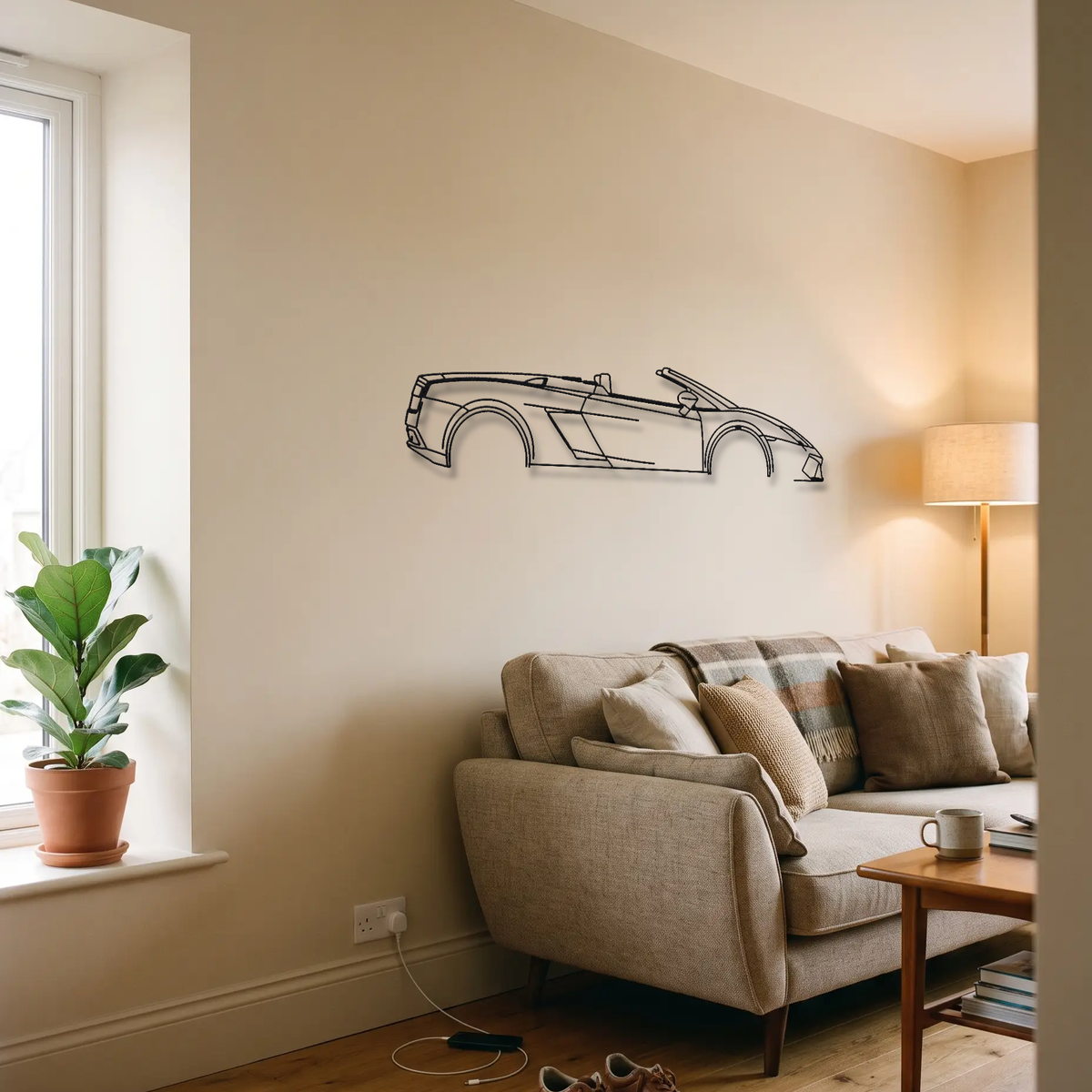 Lamborghini Gallardo LP560-4 Spyder metal wall art above a sofa in a living room