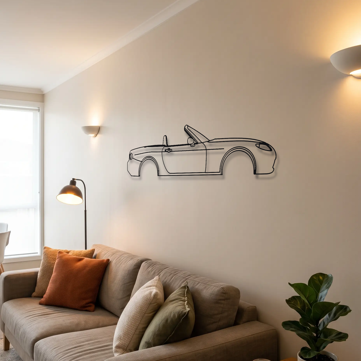 Mazda MX-5 Miata NC metal wall art above a sofa in a living room