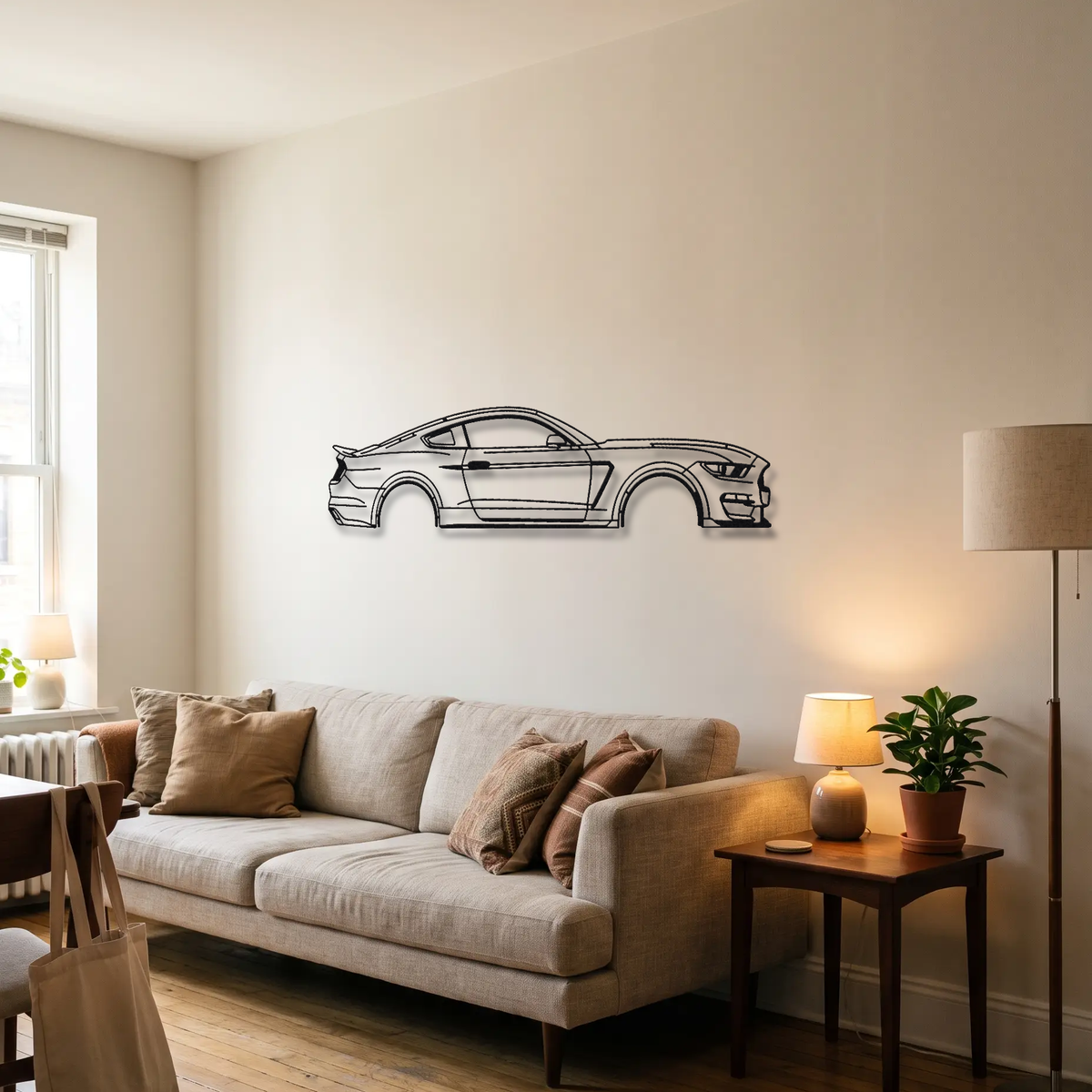 Ford Mustang Shelby GT350 S550 metal wall art above a sofa in a living room