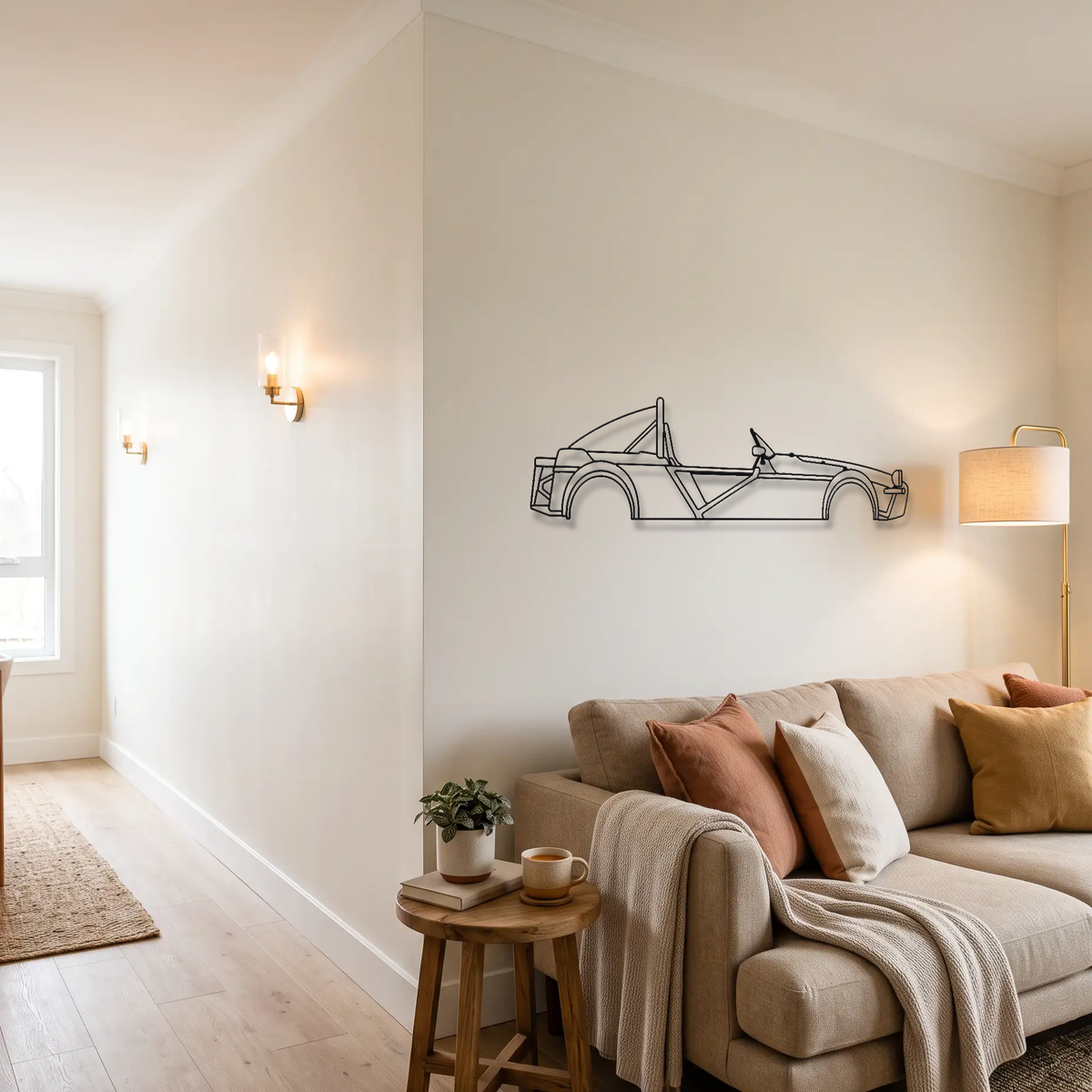 Lotus 340R metal wall art above a sofa in a living room