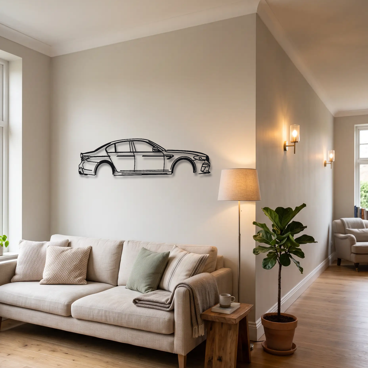 2018-23 BMW M5 Competition F90 metal wall art above a sofa in a living room