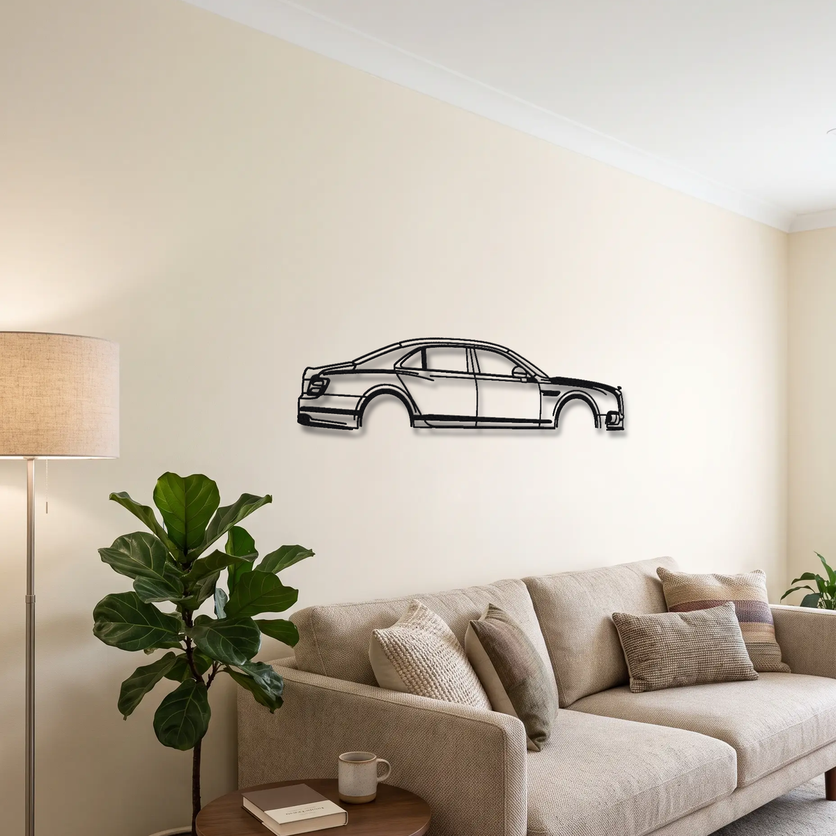 2022- Bentley Flying Spur Speed metal wall art above a sofa in a living room