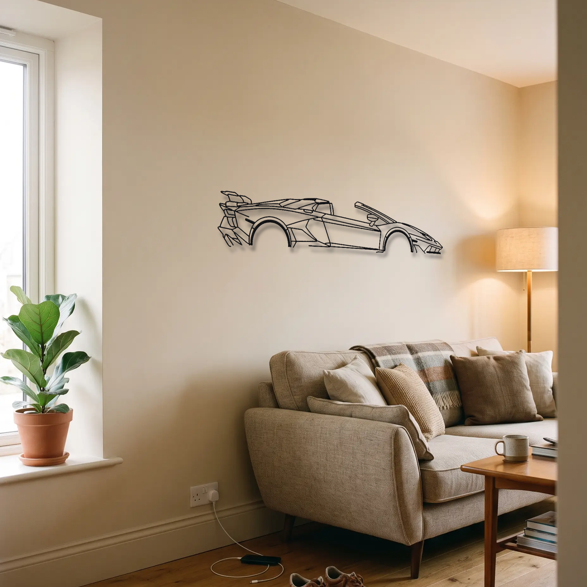 Lamborghini Aventador SVJ Roadster metal wall art above a sofa in a living room