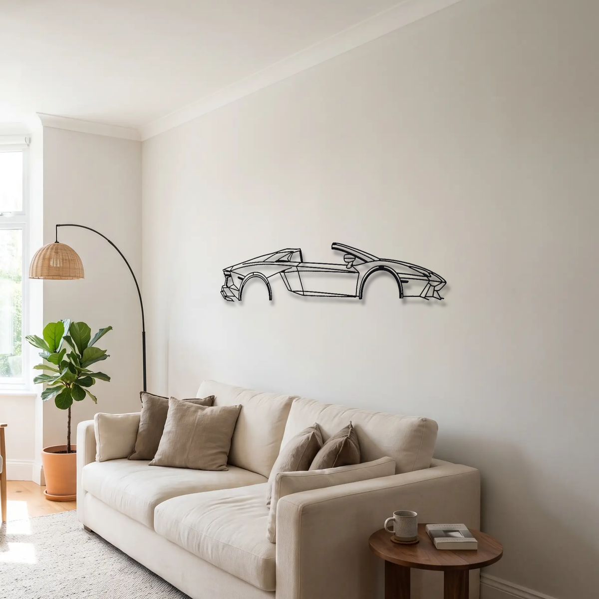 Lamborghini Aventador LP700-4 Roadster metal wall art above a sofa in a living room