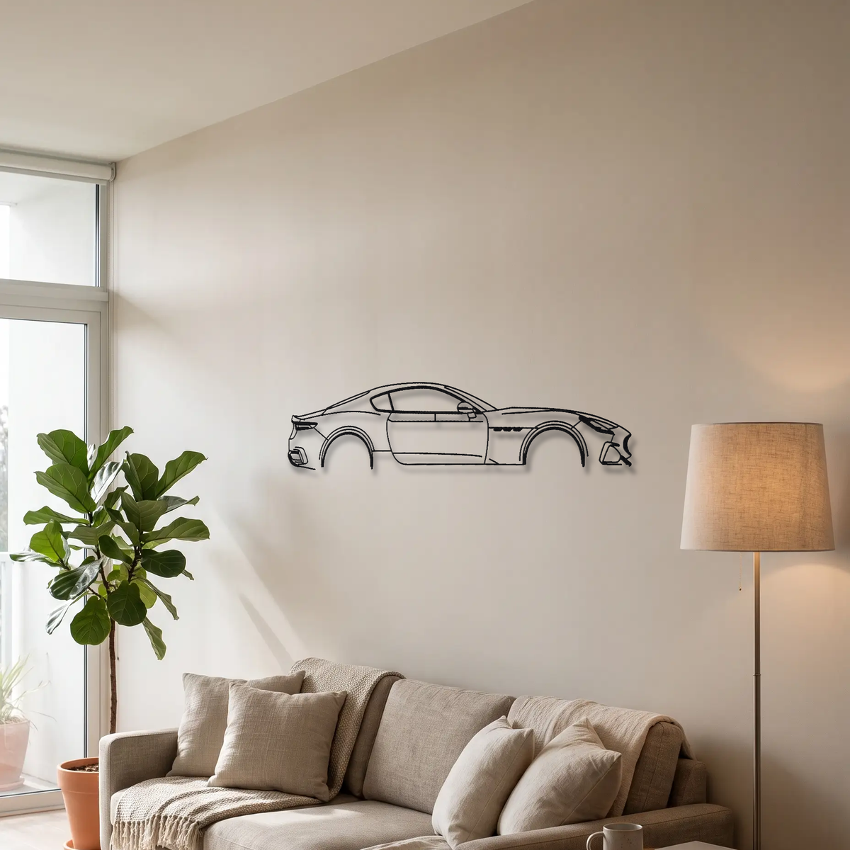Maserati GranTurismo Trofeo Gen 2 metal wall art above a sofa in a living room