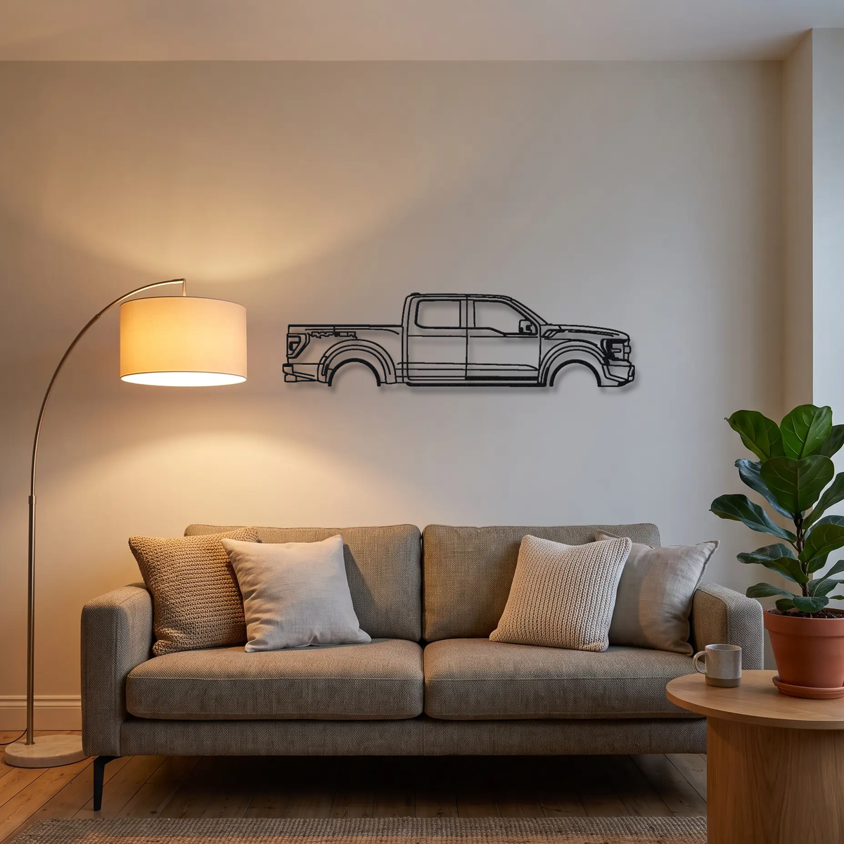 2023- Ford F-150 Raptor R P702 metal wall art above a sofa in a living room