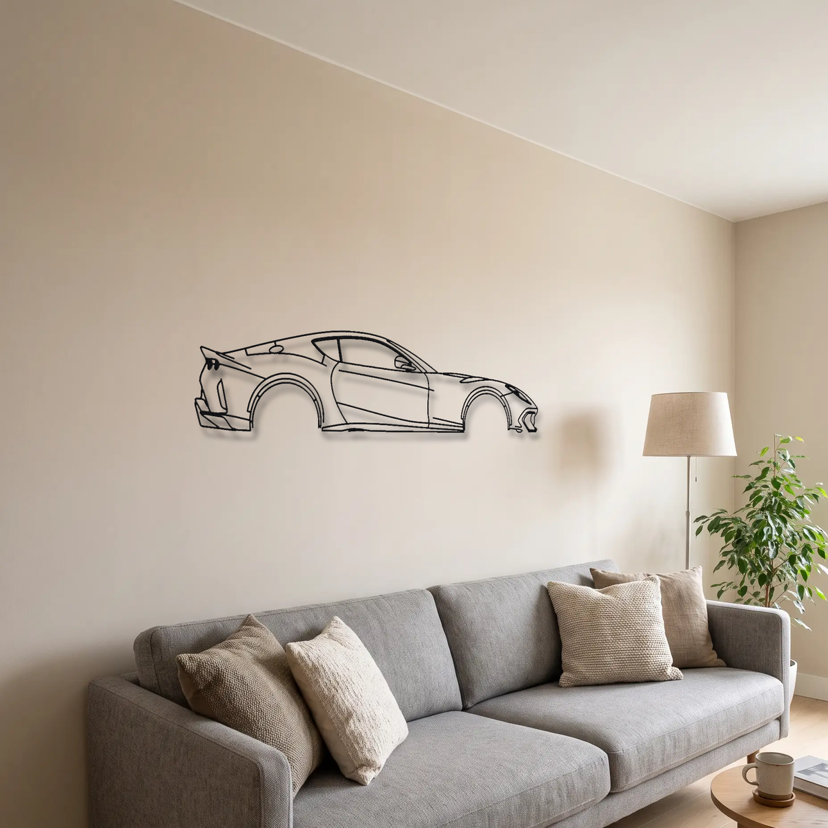Ferrari 812 Competizione metal wall art above a sofa in a living room