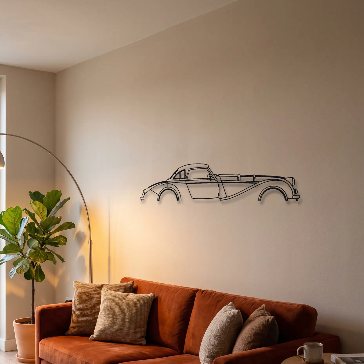 Morgan Supersport metal wall art above a sofa in a living room