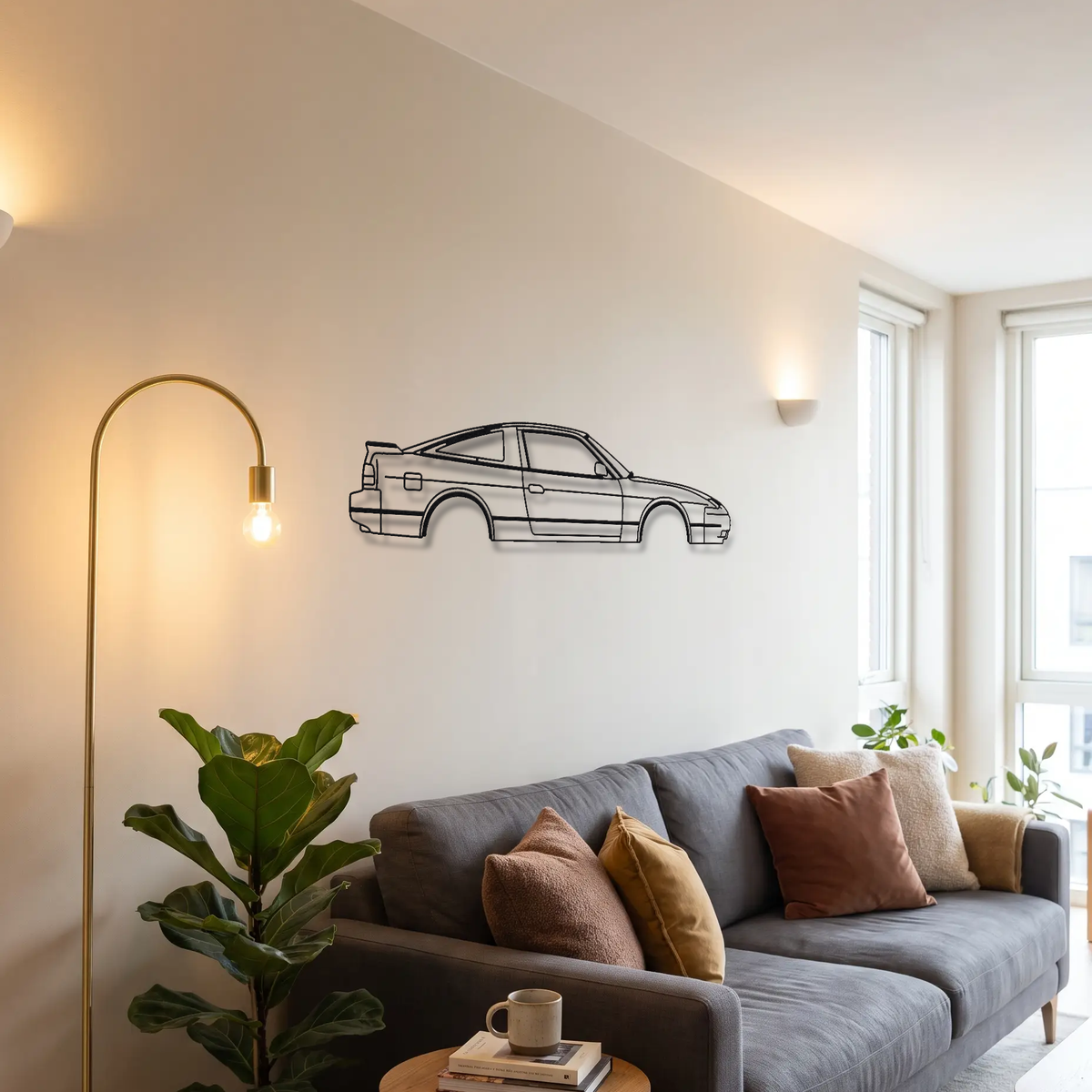 Nissan 180SX metal wall art above a sofa in a living room