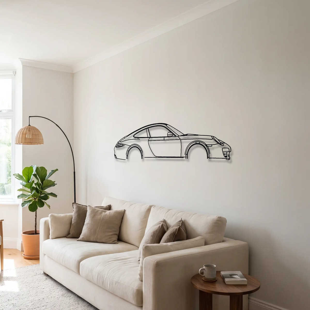 Porsche 911 Carrera 997.2 metal wall art above a sofa in a living room