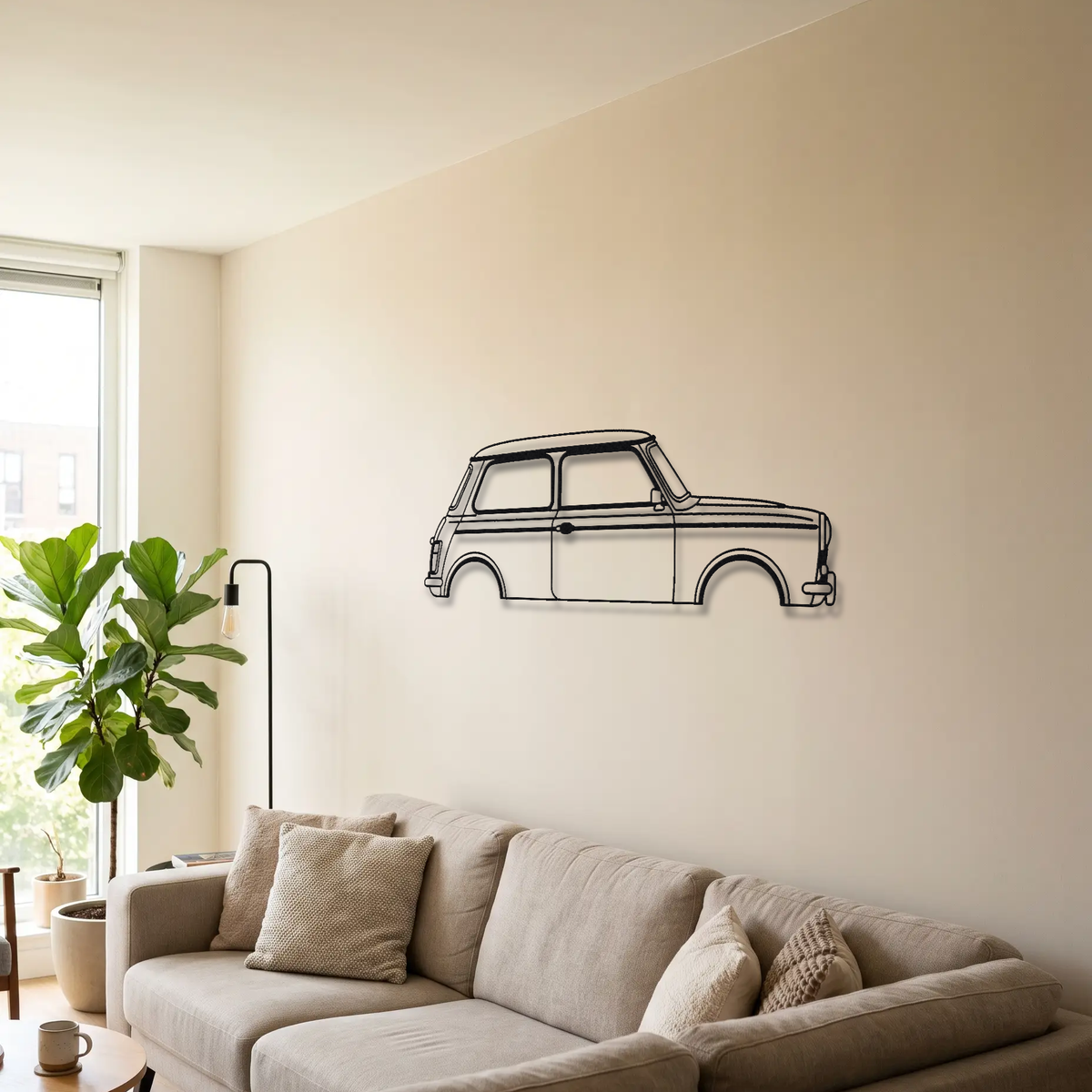 Mini Cooper S MK1/MK2 metal wall art above a sofa in a living room