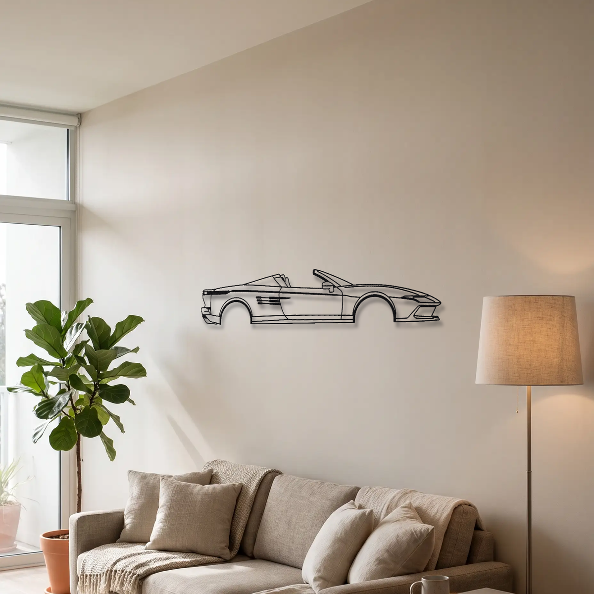 Ferrari 849 Testarossa Spider metal wall art above a sofa in a living room