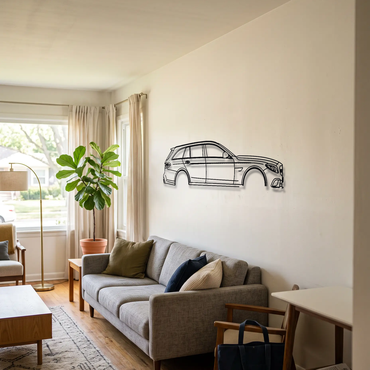 Mercedes-AMG C63 S Estate S205 metal wall art above a sofa in a living room