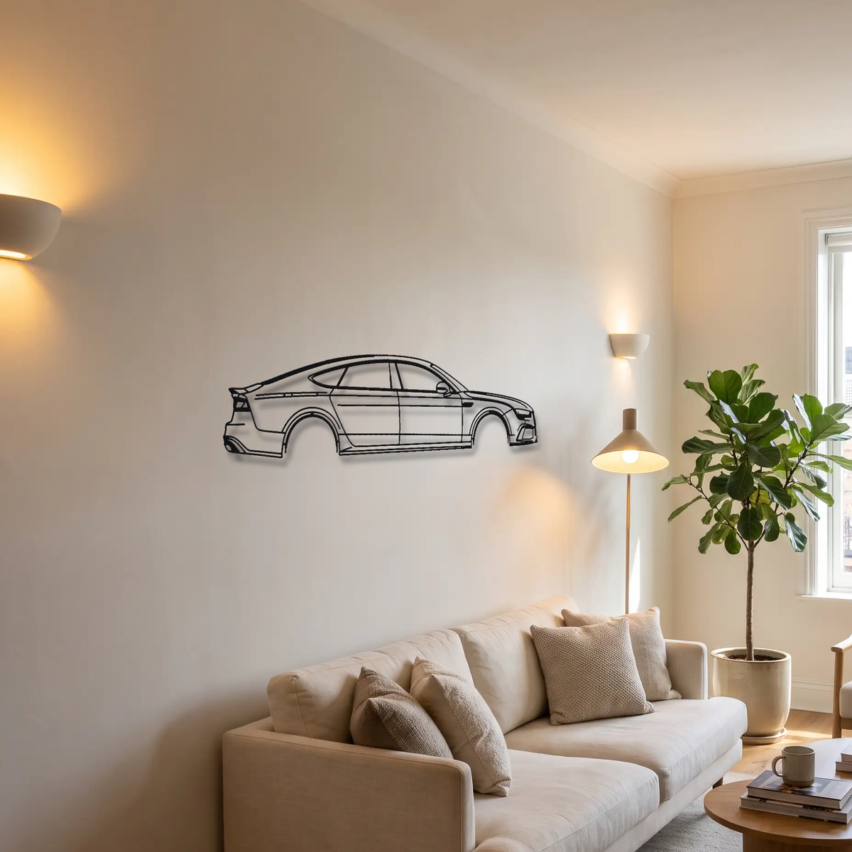 Audi RS7 Sportback C7 metal wall art above a sofa in a living room