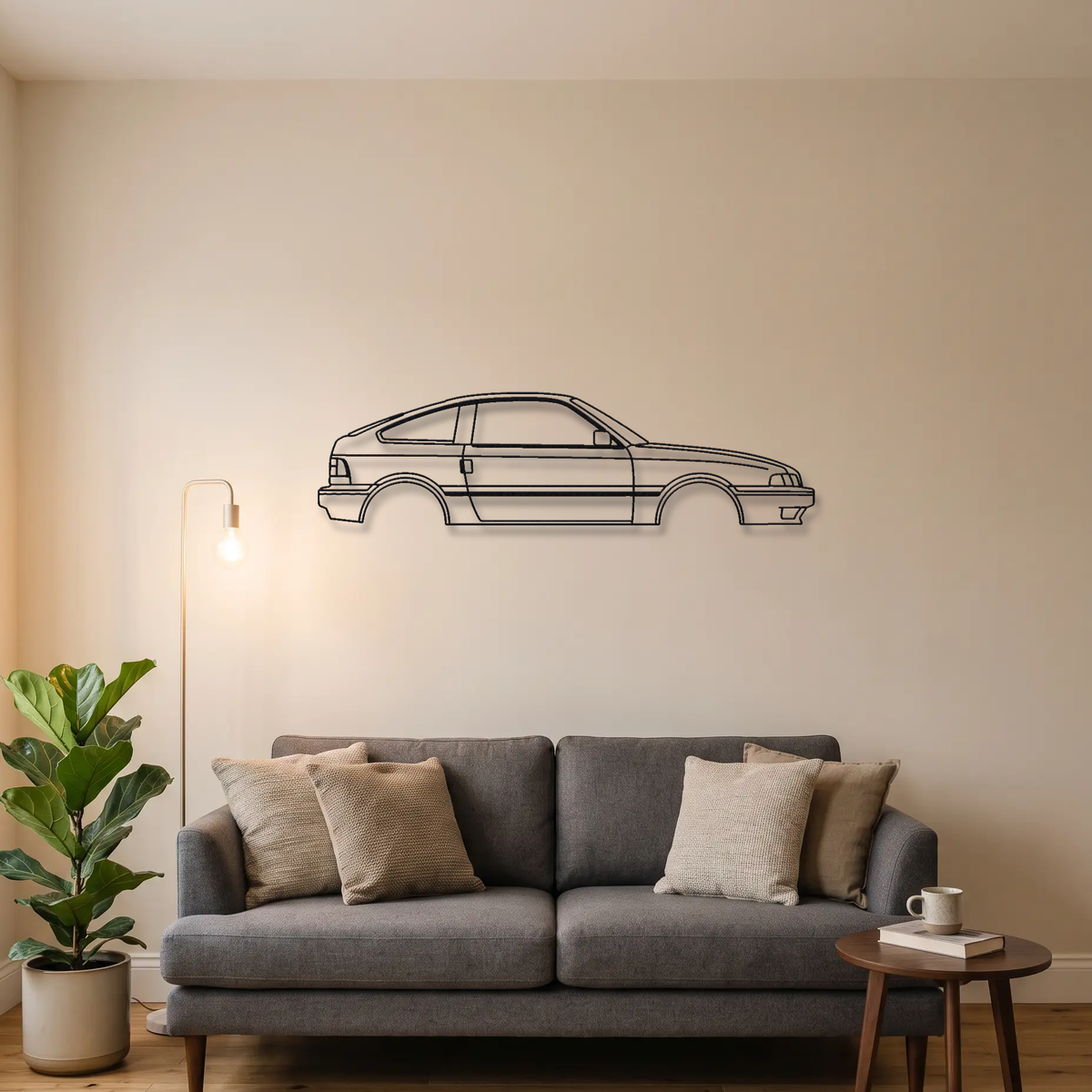 Honda CRX Si Gen 1 metal wall art above a sofa in a living room