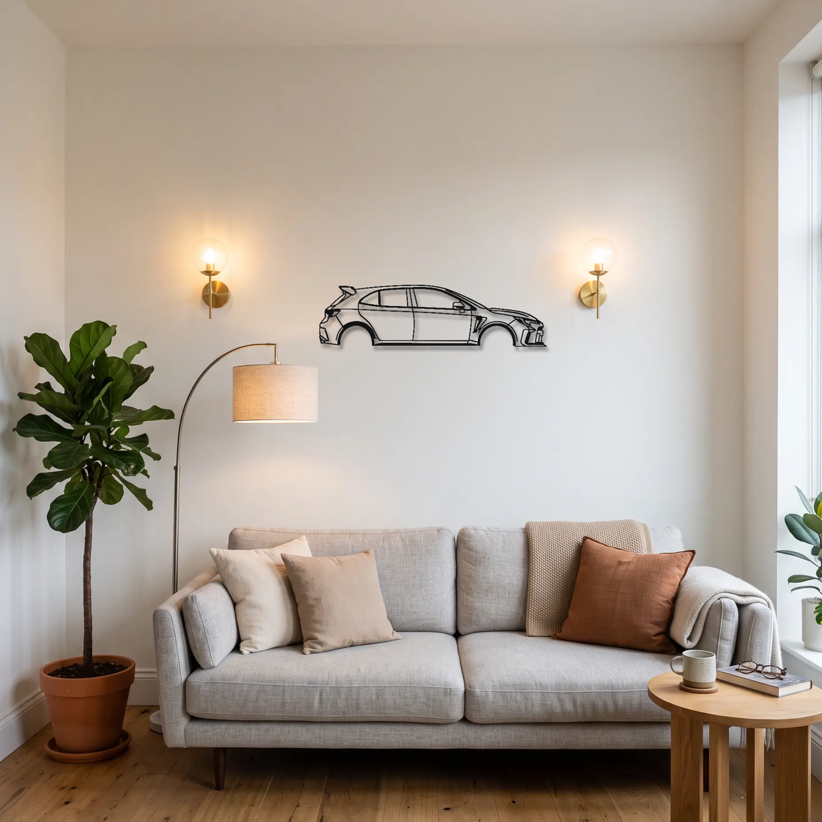 2023 Toyota GR Corolla Morizo Edition metal wall art above a sofa in a living room