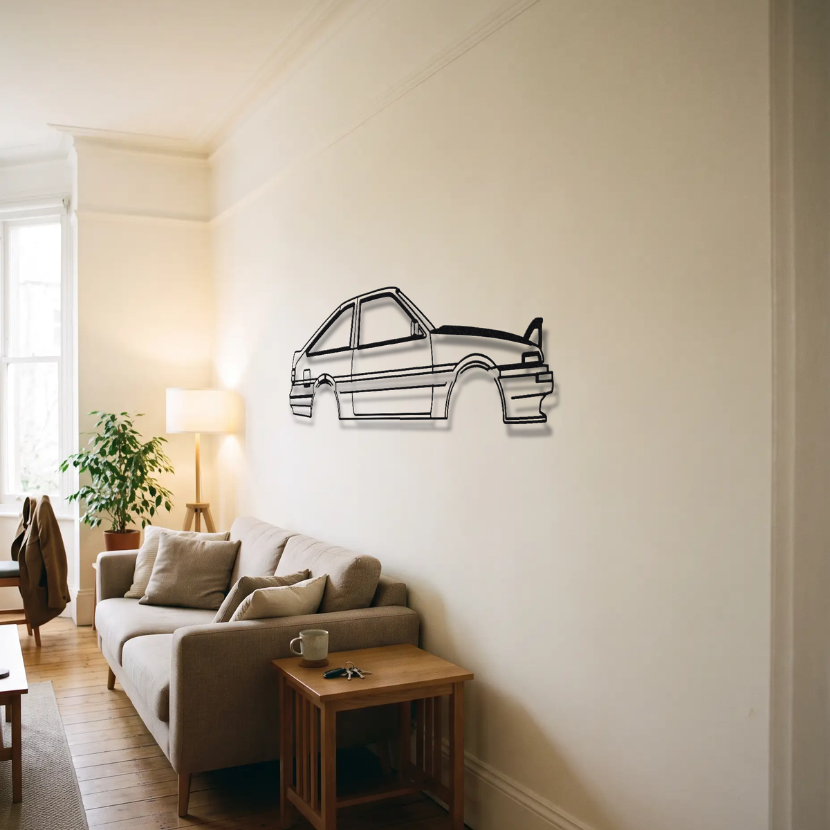 Toyota Sprinter Trueno AE86 metal wall art above a sofa in a living room