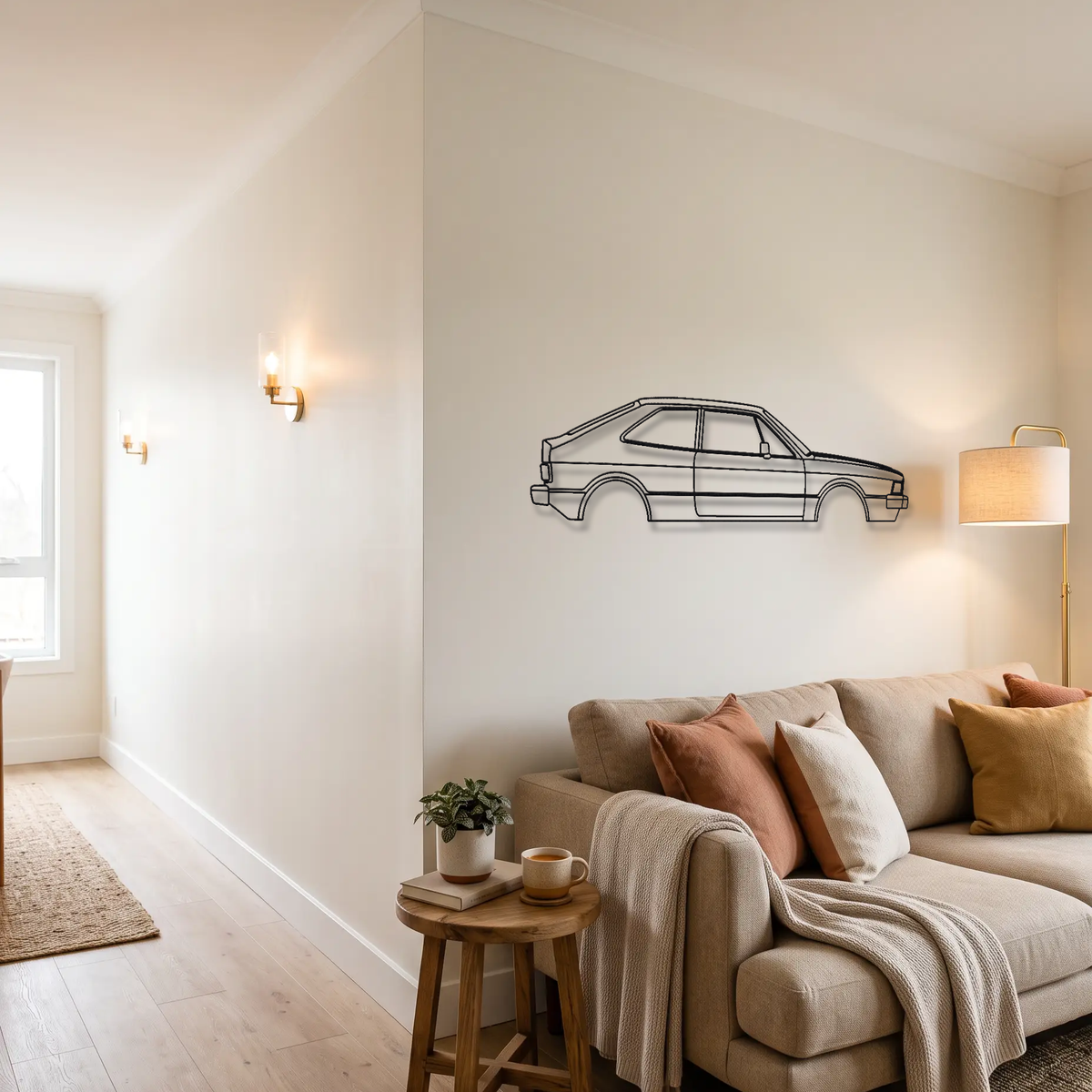 Volkswagen Scirocco MK1 metal wall art above a sofa in a living room