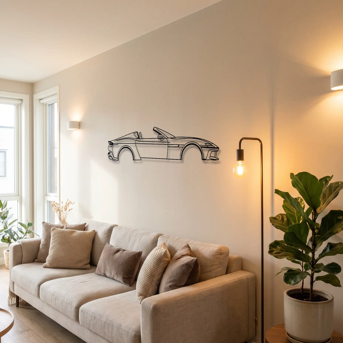Ferrari 12Cilindri Spider metal wall art above a sofa in a living room