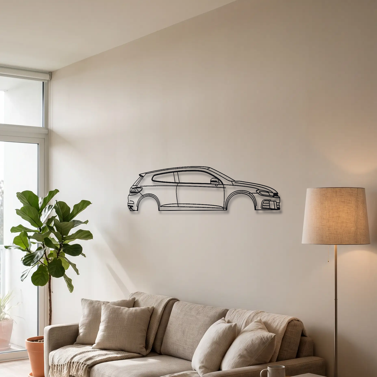Volkswagen Scirocco R MK3 metal wall art above a sofa in a living room